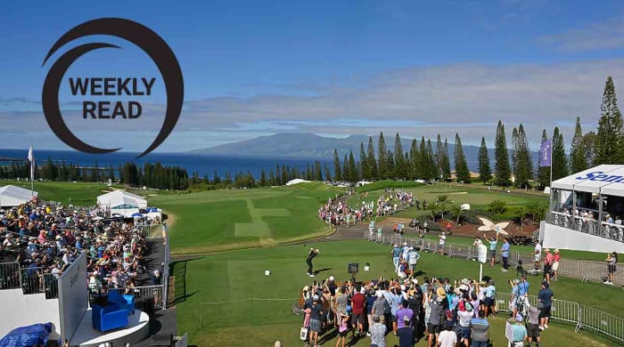 Collin Morikawa watches his shot on the first tee box during the final round of the 2023 Sentry Tournament of Champions in Kapalua, Maui, Hawaii.